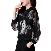 2022 spring new women fashion chiffon shirt long sleeved temperament black print top work wear clothes
