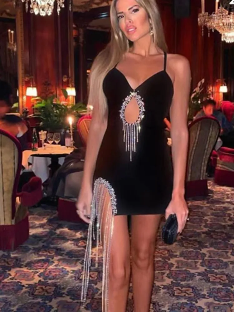 Women Hot Club Party Dress Spaghetti Strap V Neck Key Hole Diamonds Tassel Bodycon Mini Short Bandage Dress Celebrity Evening
