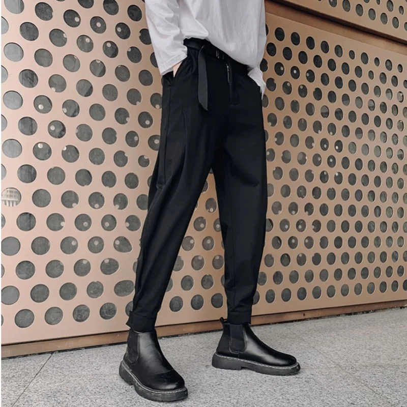 

Spring Summer Men Harem Pants with Belt Fashion Tapered Ankle-length Bottoms Elastic Waist Casual Suit Pants Black Gray