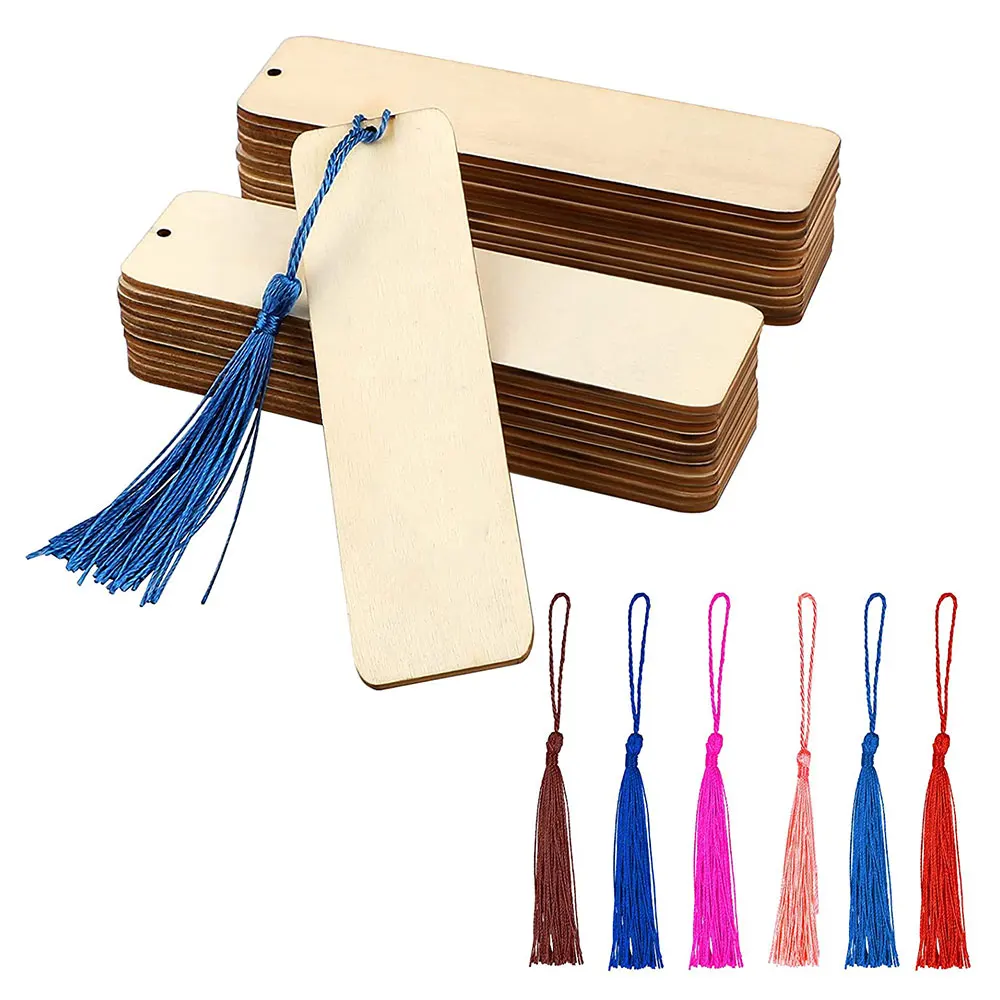 

36pcs Wood Blank Bookmarks Wooden Hanging Tags Rectangle Shape Blanks Bookmark with Holes and Tassels for Bulk DIY Gifts Tags