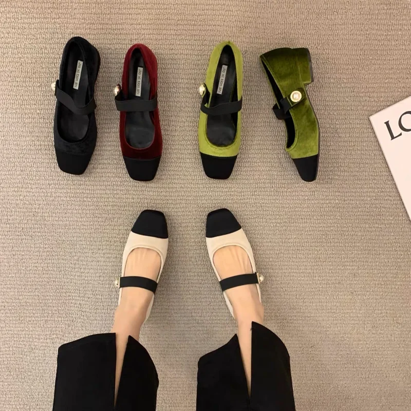 

Women Chunky Heel Shoes 2023 Spring Summer New Pearl Buckle Mixed Colors Women Square Heels Shoes Suede Dress Ladies Mary Janes
