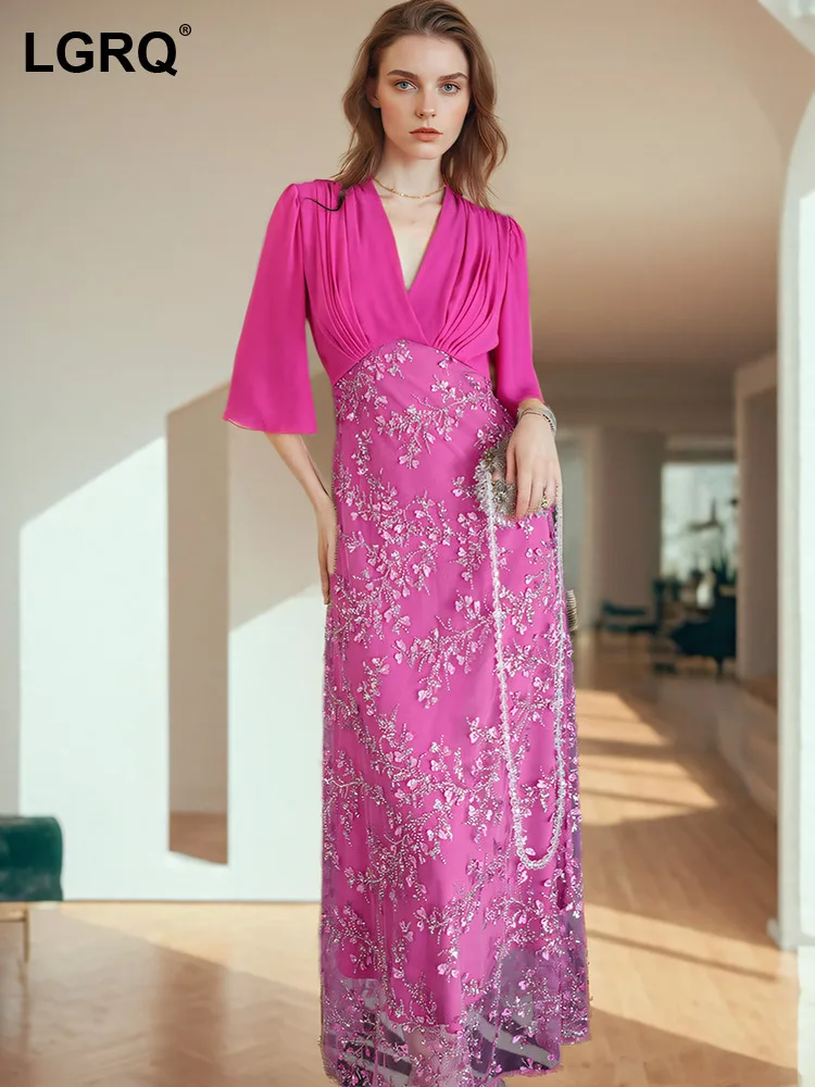 Женское платье с блестками и бусинами LGRQ лоскутное коротким рукавом V-образным