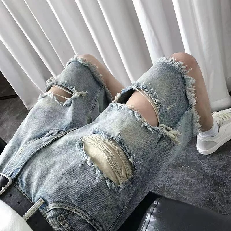 

Vintage Blue Holes Ripped Men's Shorts Summer Thin Fringe Frayed Tassel Distressed Knee-length Short Pants Denim Trousers