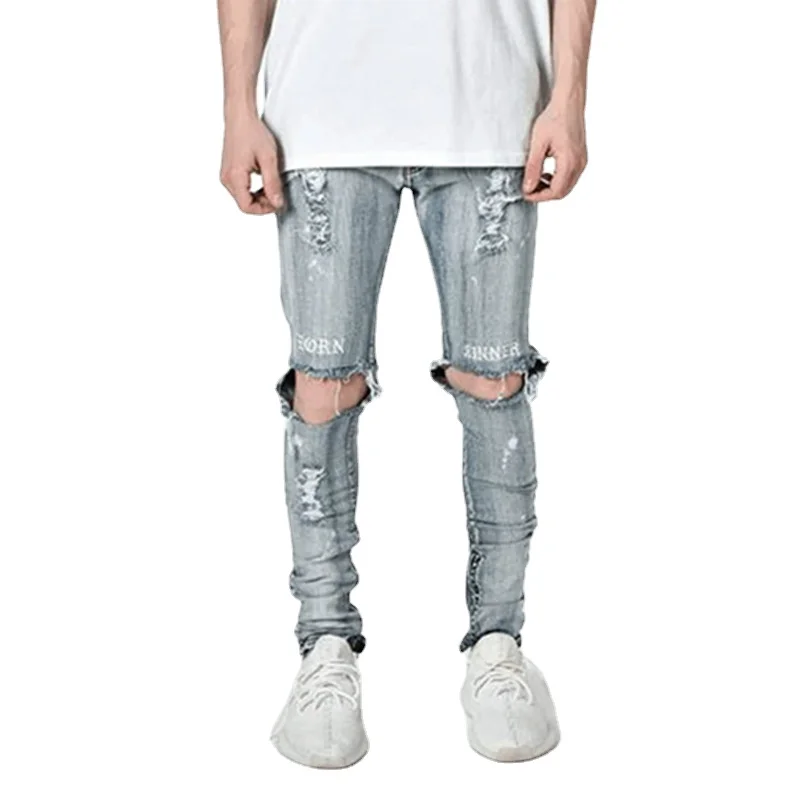 High Street Trend Men's Jeans Personality Hole Jeans Streerwear Men's Slim Fit Boys' Leggings Denim Pants Full Length Trousers