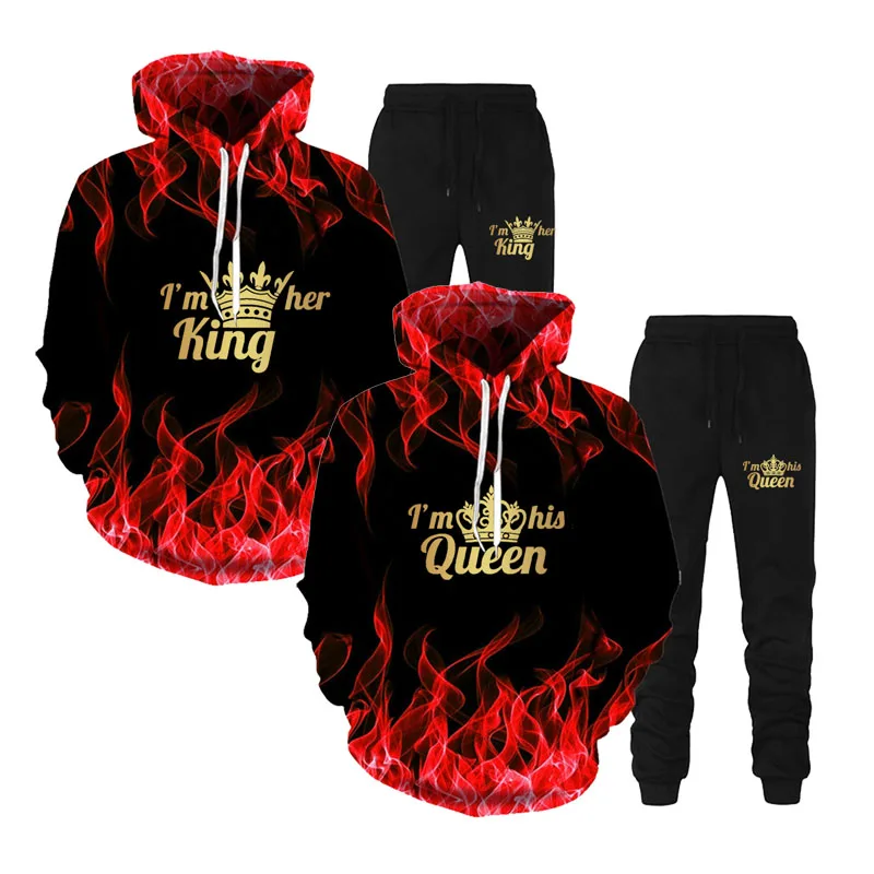 Спортивный костюм для пары свитшот с капюшоном и 3D принтом король королева его ее
