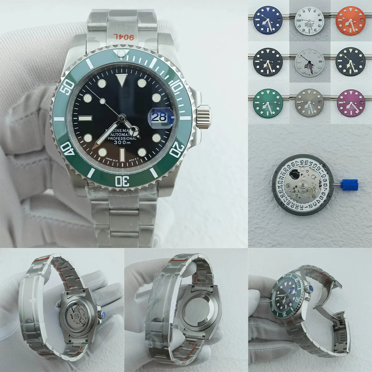 NH35 40 мм Наручные часы Зеленый светящийся циферблат с логотипом S Браслет Oister из