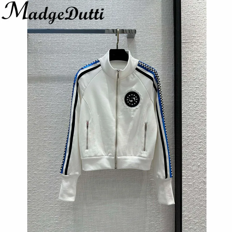 

2.9 MadgeDutti Heavy Industry Beading Sequins Digital Embroidery Stand Collar Baseball Zipper Jacket Women