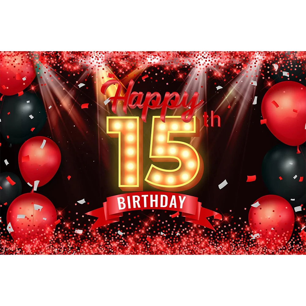 Happy 15th Birthday Party Cake Banner Photography Backdrop Red and Black 15 Years Old Background Bday Decorations for Girls Boys enlarge