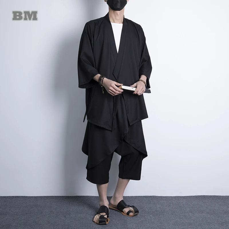 

Кардиган в китайском стиле, костюм большого размера, летняя одежда, повседневные широкие брюки с рукавом три четверти, винтажные однотонные...