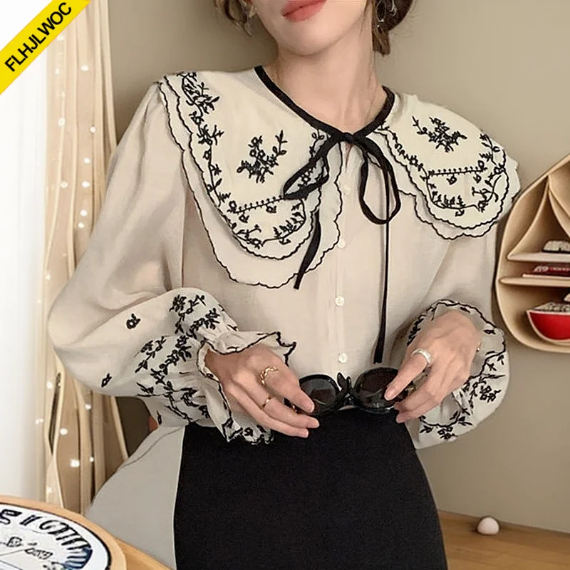 Фото Женские топы Mori Girls из Южной Кореи, милые, нежные, хлопковые, с вышивкой, в стиле преппи, винтажные, с воротником Питер Пэн, тонкие рубашки-блузки FLHJLWOC №2