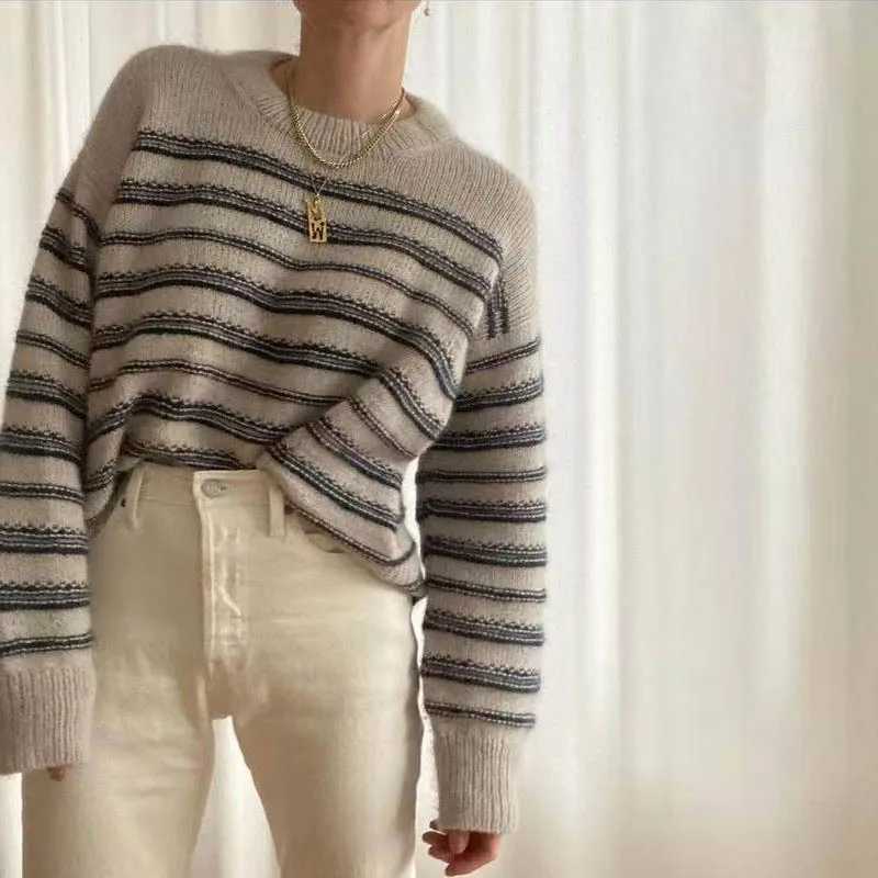Fluffy Striped Knitted Sweater Women Fashion Casual O Neck Long Sleeve Female Loose Pullovers Autumn Winter Warm Jumper 2022 images - 6