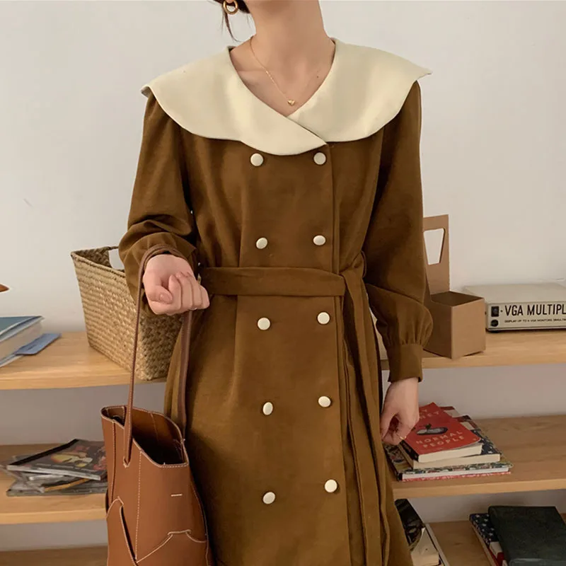 

2021 Autumn Winter New Korean Fashion Spring Elegant Contrast Flower Big Lapel Double-breasted Lace-up Waist Ruffle Long Dress