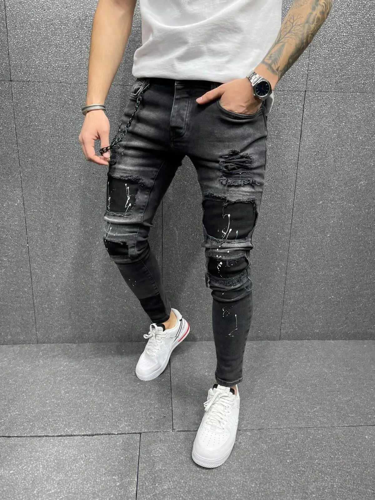 Men Jeans Slim Fit Ripped  Fashion Paint Hip Hop Male Denim Street Style Youth Cool Pant Stretch Denim Hole Patchwork Trousers