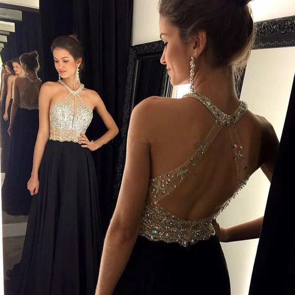 

Сексуальные трапециевидные черные платья с лямкой на шее для выпускного вечера, модные шифоновые длинные вечерние платья с открытыми плеча...