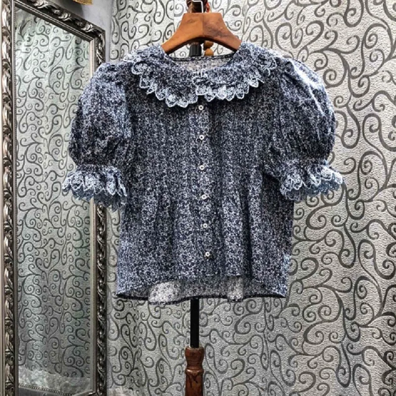 100%Cotton Shirts 2022 Summer Fashion Blouses Ladies Peter Pan Collar Vintage Floral Prints Short Sleeve Casual Tops Shirt Blusa