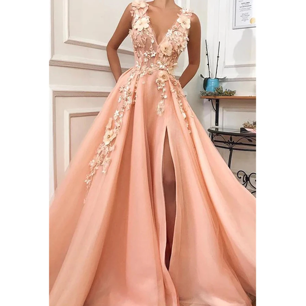 

Gorgeous Prom Dresses Decal Women's Sexy V-Neck Backstraps Sleeveless Princess Formal Party Evening Gowns Fashion Side Split De