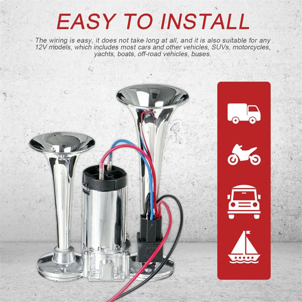 

Motorcycle Car 12V Waterproof Dual Trumpets 600dB Super Loud Electric Air Compressor Horn Signal Alarm For Car Truck Boat