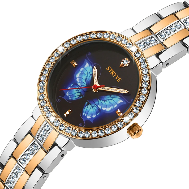 Stryve New Designer Ladies Watch Alloy Fashion Butterfly Crystal Dial Waterproof Quartz Luxury Women Watches With Free Bracelets