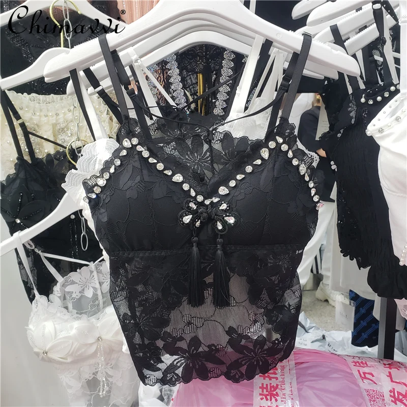 

2022 Summer New Hot Girl Fashion Sexy Tassel Buckle Diamond Short Sling Top Women's Simple Chic Solid Beading V-neck Camisole