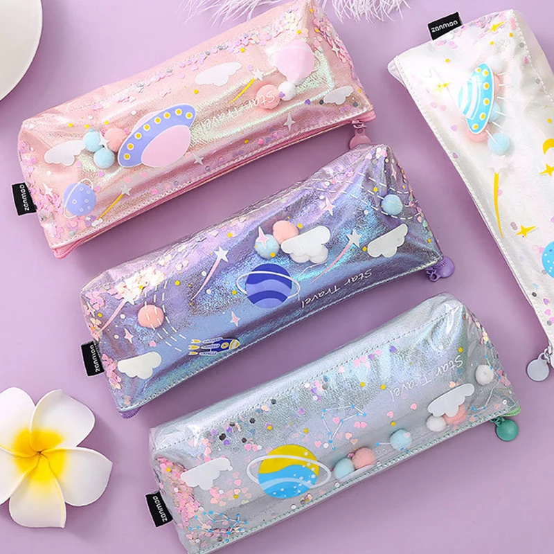 

Блестящий Большой Вместительный косметический футляр для карандашей, с рисунком планеты, звездного неба, с зыбучим песком, школьный футляр ...