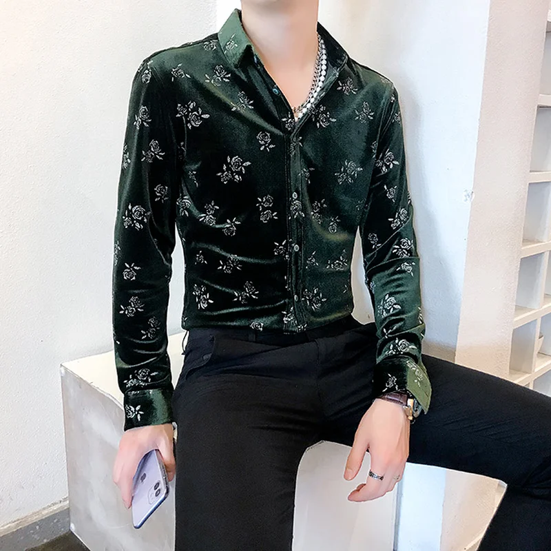 Light Luxury Rose Velvet Men Shirts Autumn Winter Vintage Casual Shirt Loose Streetwear Social Party Male Clothing Homme Chemise