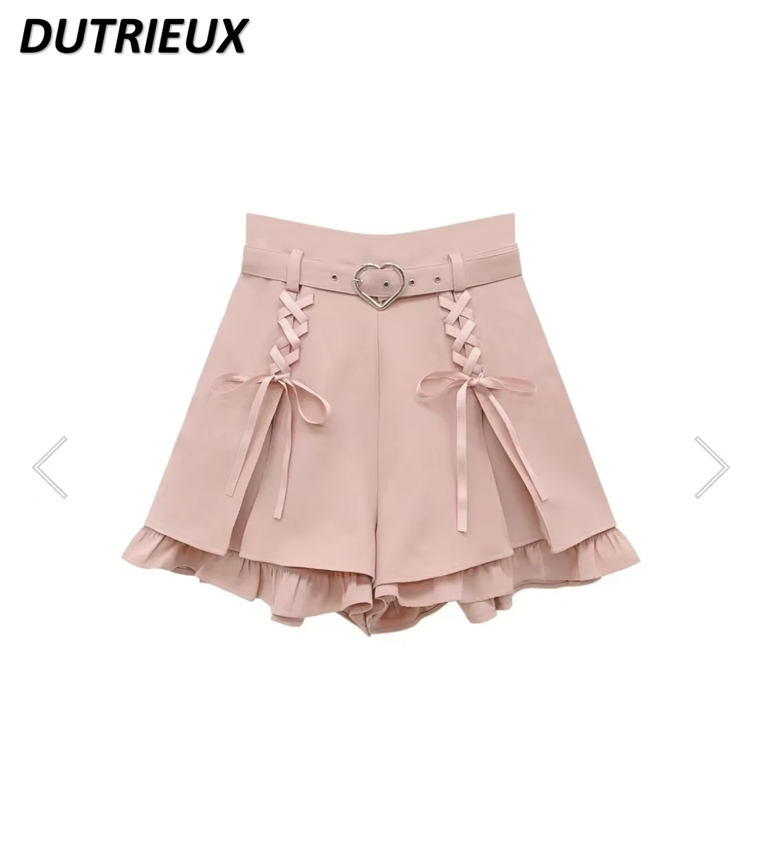 

Lolita Japanese Style Summer Love Belt Symmetrical Cross Ribbon Lace Shorts Sweet Solid Color Straight High Waisted Short Pants