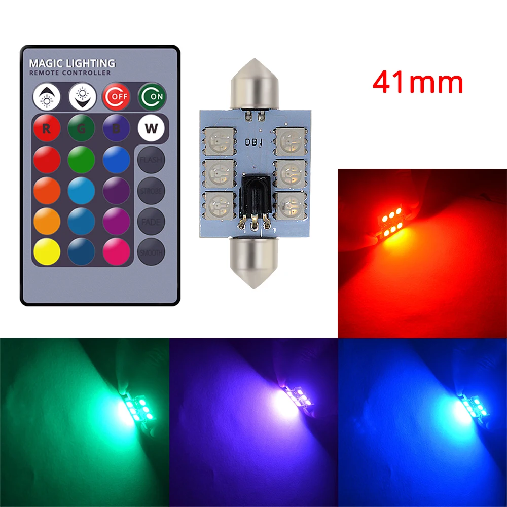 

2X C5w Car Led RGB 5050 6SMD 41mm Festoon Dome Car Door Lights Automobile Remote Controller Colorful Lamps Roof Atmosphere Bulbs