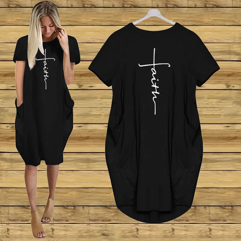 

Faith 100% Cotton Short Sleeve 2022 Summer Dress Tunic Dresses Women Casual Loose Tshirt Dress For Women Vestidos With Pockets
