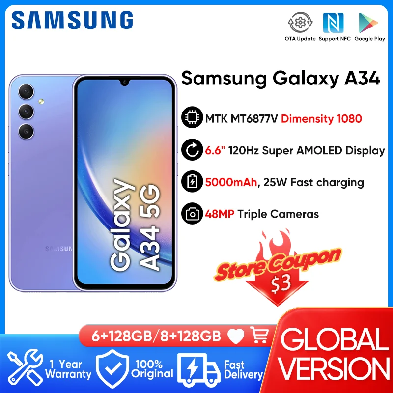 

Original New Samsung Galaxy A34 5G Smartphone Android 13 MTK Dimensity 1080 6.6" 120Hz Super AMOLED Display 5000mAh Mobile Phone