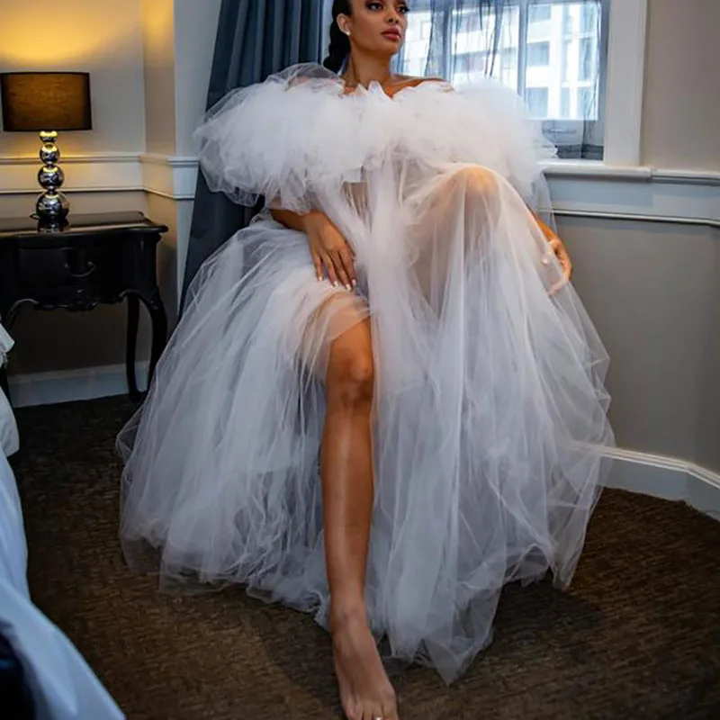 

White Puffy Tulle Women Dress See Thru Off The Shoulder Side Split Tiered Birdhday Party Dress For Photo Shoot bridal robe