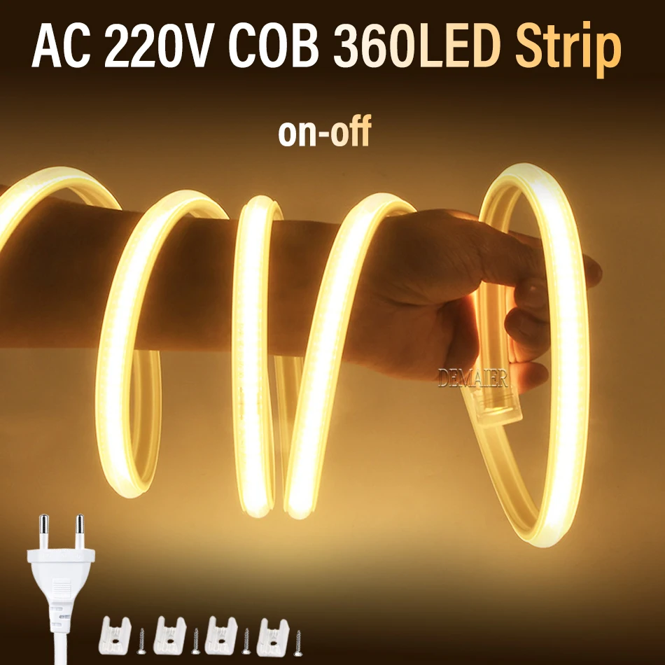 COB Led Strip Light AC 220V With Switch Power Plug 360LED/m Waterproof RA 90 High Brightness 3000K 4000K 6000K Flexible Ribbon