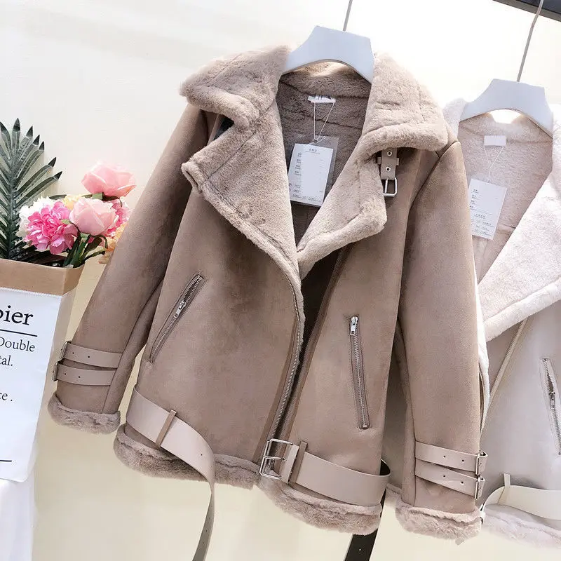 Deerskin Velvet Jackets Women Winter Thick Warm Faux PU Deerskin Velvet Coat 2023 Office Lady Casual Oversized Motorcycle Coat