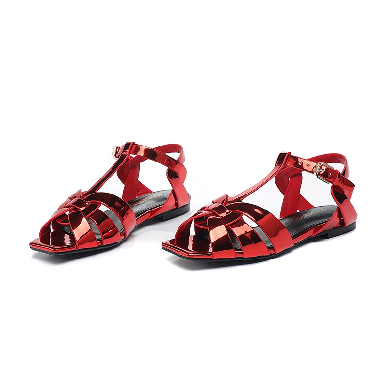 2023 New Flat Bottom Casual Fashion Open Toe Women's Sandals Lacquer Leather Brand Fish Mouth Indoor and Outdoor Women's Shoes