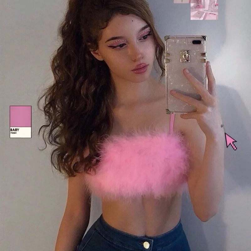 

2022 Spring and Summer Women's New Furry Sling Wrapped Chest Sexy Vest