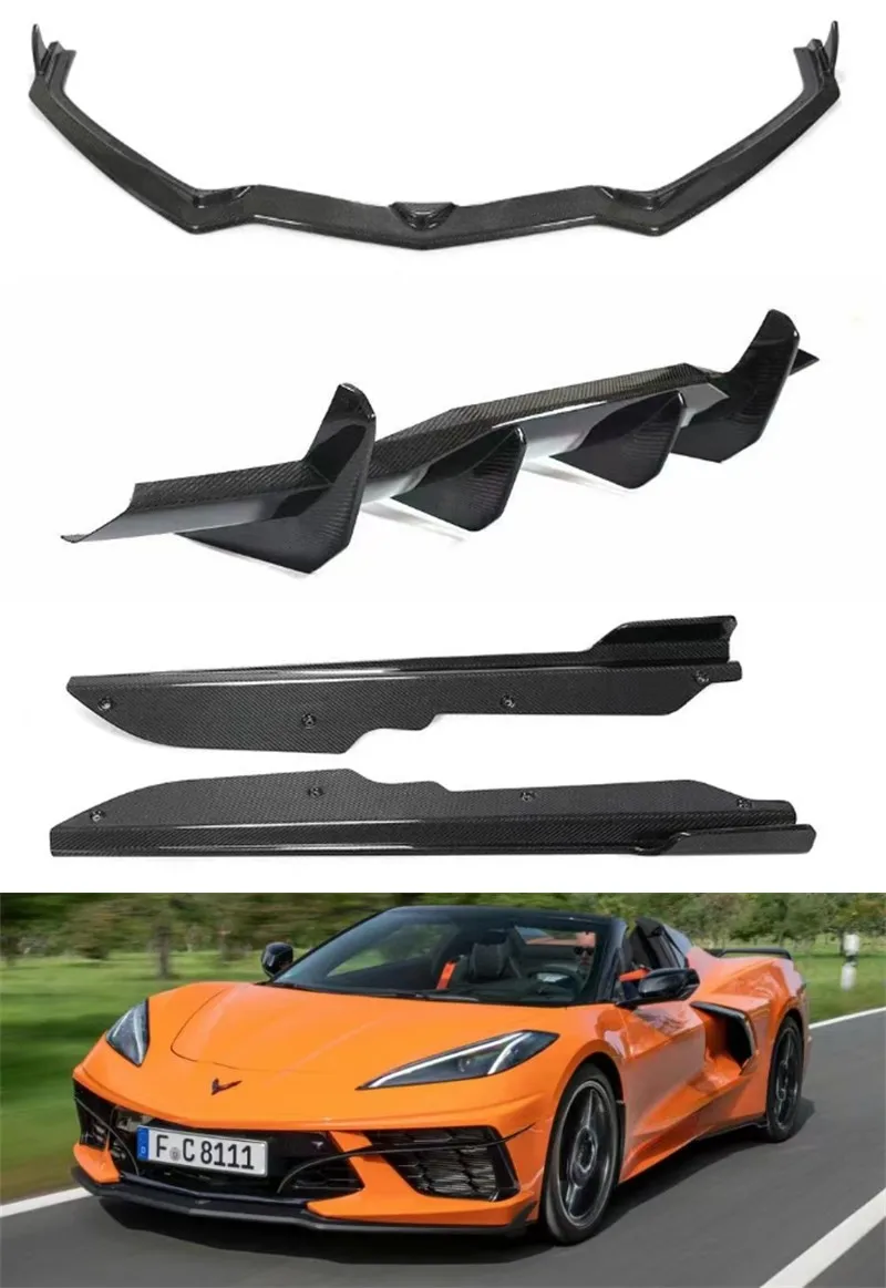 

For Chevrolet Corvette C8 2020 2021 2022 2023 Real Carbon Fiber Front Lip Rear Diffuser Bumper Side Skirt Spoiler Body Kit