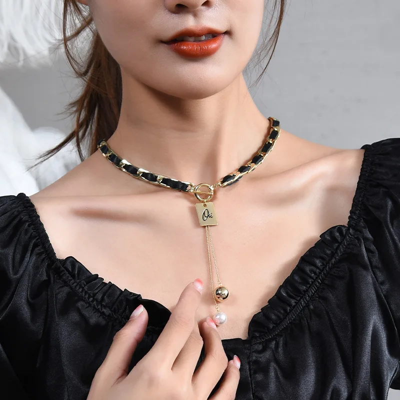 

Titanium Steel Leather Y Pearl Necklace Female Retro Weaving Trend Cold Style Temperament Choker Necklaces For Women Jewelry