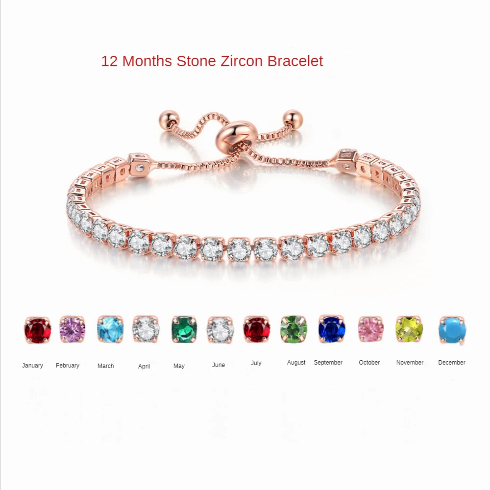 

12 Months Exclusive Colors Zircon Bracelet for Women 4MM Sparkling Round Diamond Adjustable Gold Silver Multicolor Birthday Gift