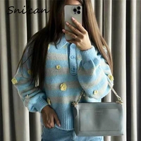 blue striped floral sweater turn down collar knitted pullover spring vintage outwear 2022 chandails pull femme hiver za jumper