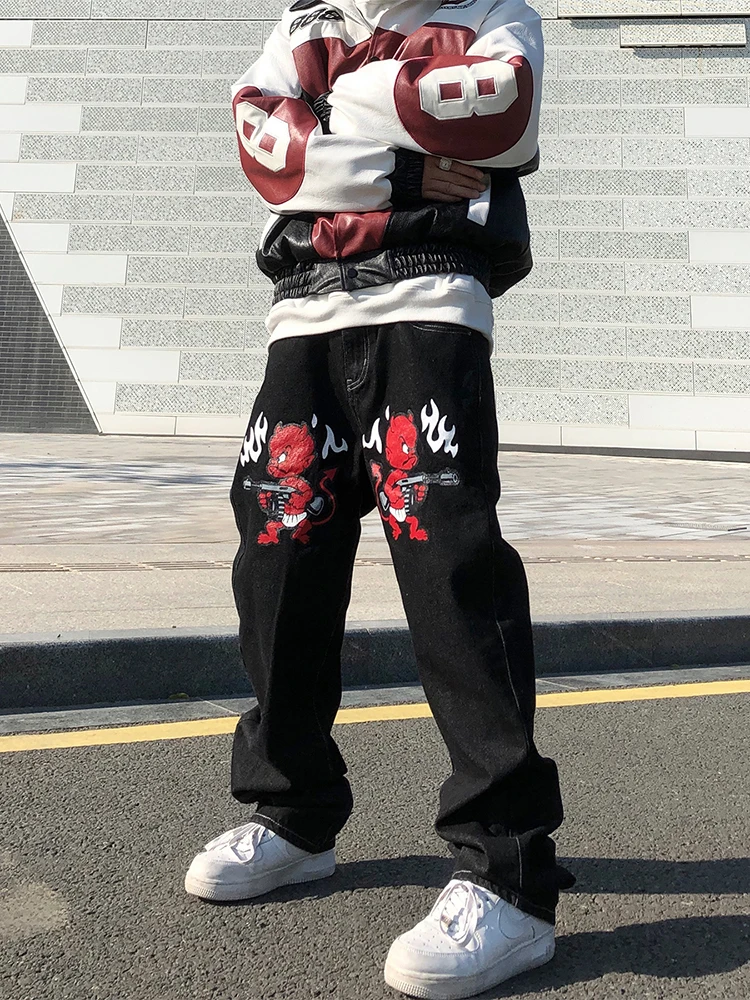 Men's Jeans Cartoon Letter Print Straight Casual Pants Washed Vibe Style Ripped Loose Streetwear Ins Baggy Pants Y2K Streetwear