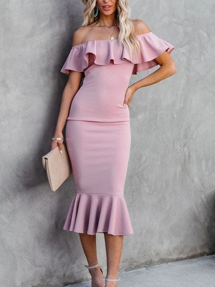 

Summer Sexy Off Shoulder Bodycon Dress Women Elegant One Shoulder Ruffles Dress Lady Fashion Solid Backless Bag Hip Party Dress