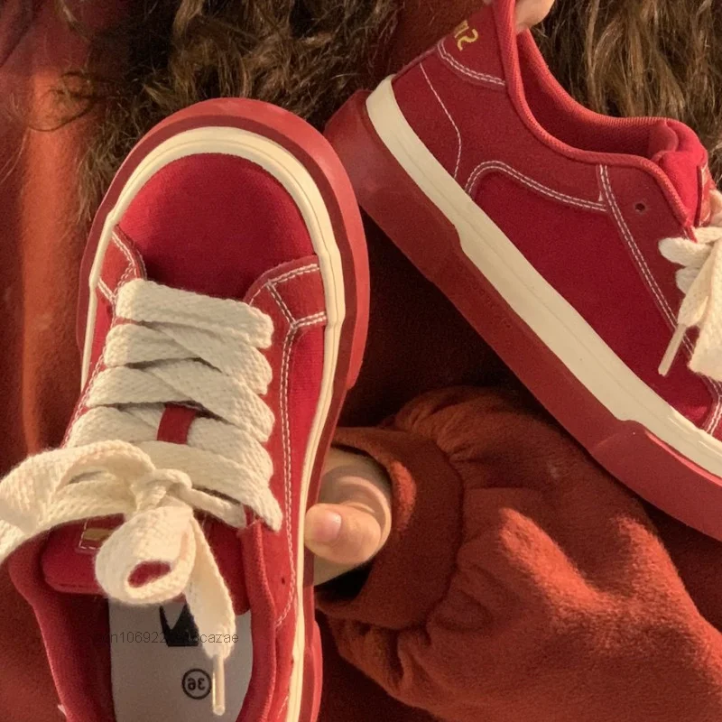 New Red Canvas Shoes Vintage Fashion Women's Sport Shoes Y2k Summer Versatile Sneakers Popular Casual Board Shoes Lace-up Shoes