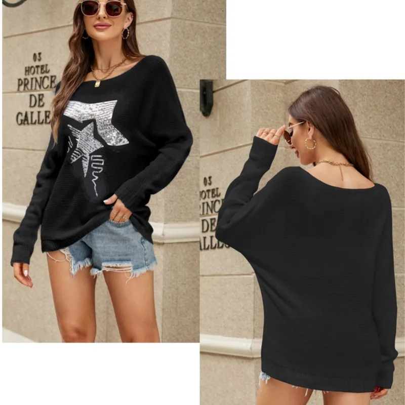 Модный женский вязаный свитер с вышивкой и пайетками осенний универсальный со