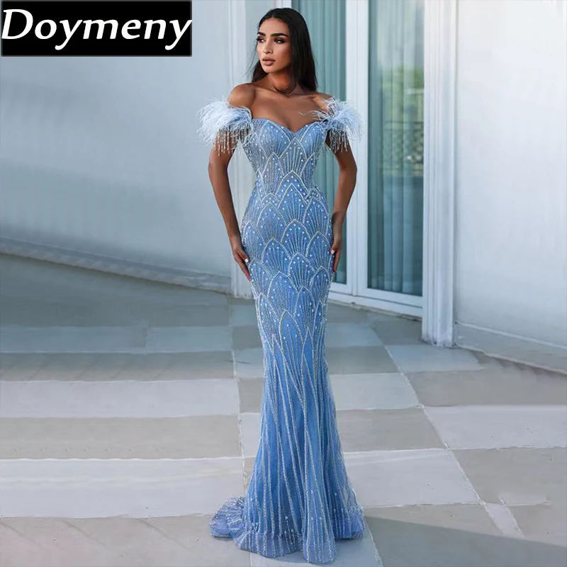 

Doymeny женские блестящие Выпускные платья из бисера с блестками с открытыми плечами с перьями Коктейльное Платье Русалки Формальные Вечерние платья