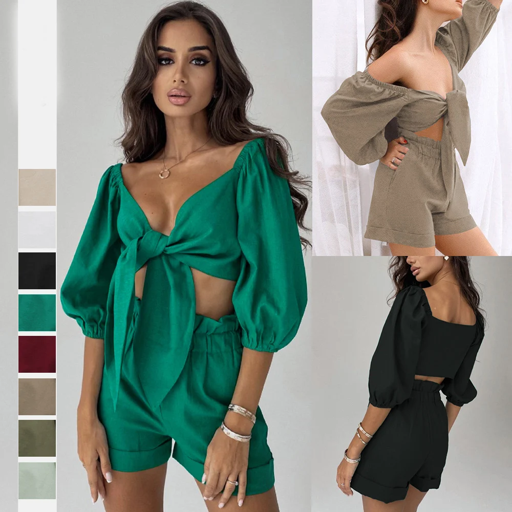 

Summer Thin Linen Shorts Sets Women 2 Pieces Fashion V-Neck Lace-Up Sexy Crop Tops Casual Solid Loose Shorts Suits Female 2023