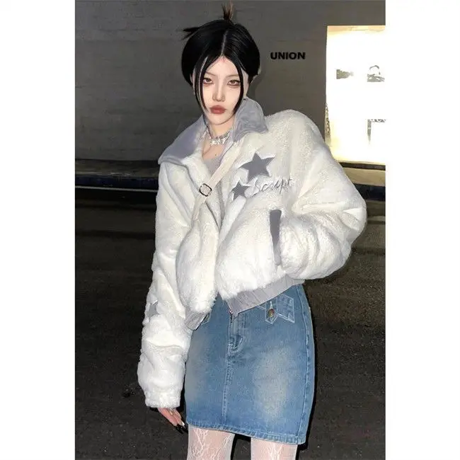 Укороченная зимняя одежда в стиле Харадзюку Женские винтажные пушистые пальто