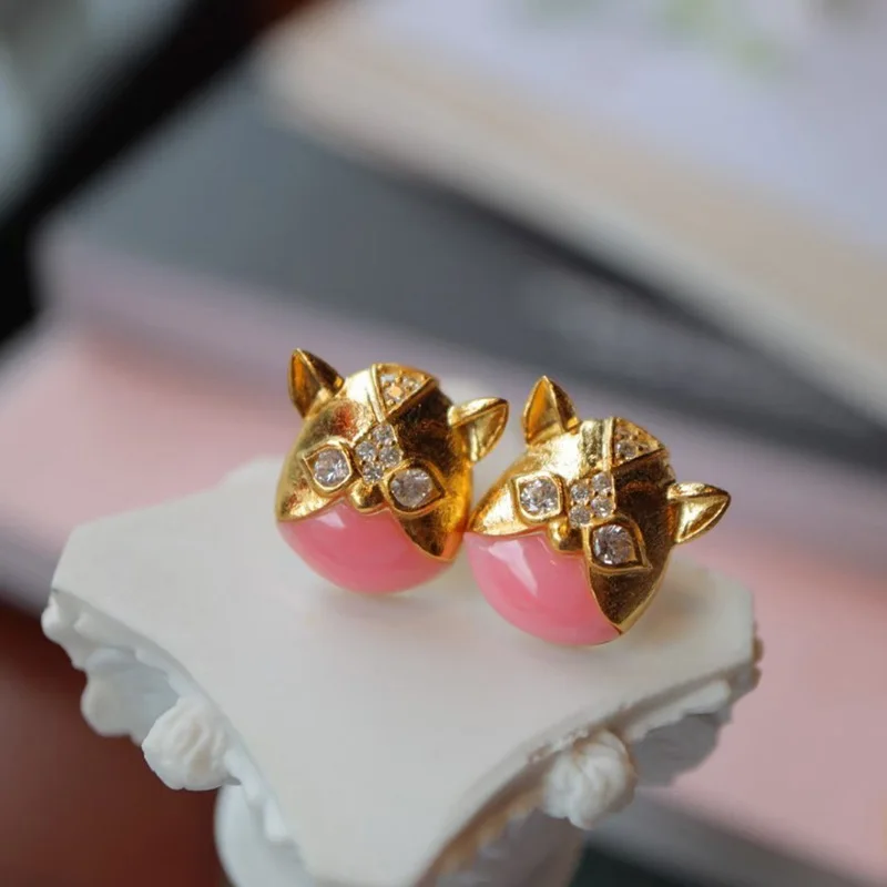 Pink Owl Bird Natural Queen Conch Zircon Accent 18K Gold Tone Sterling Silver Animal Earrings L1S2E41043