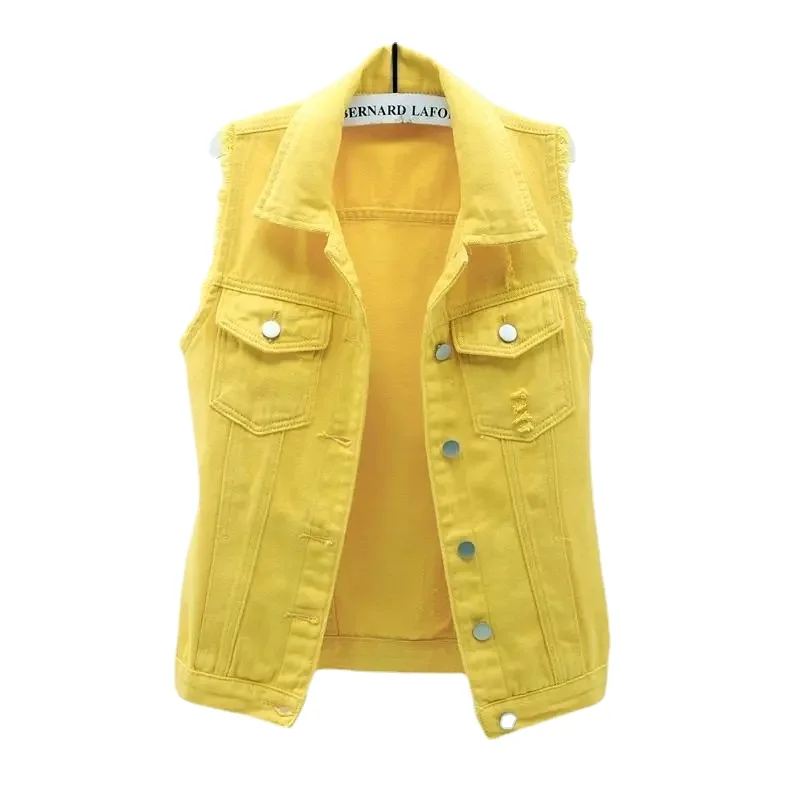 

Yellow Denim Vest Jackets Korean Fashion Candy Colors Cowboy Sleevless Jacket Punk Jeans Vest New Summer Top Lapel Outerwear