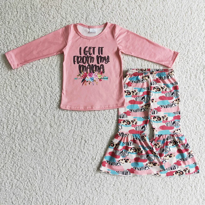 

Toddler I Get It From My Mama Baby Girl Clothing Pink Long Sleeves Top Leopard Bell Pants Outfits Kids Children Spring Fall Set