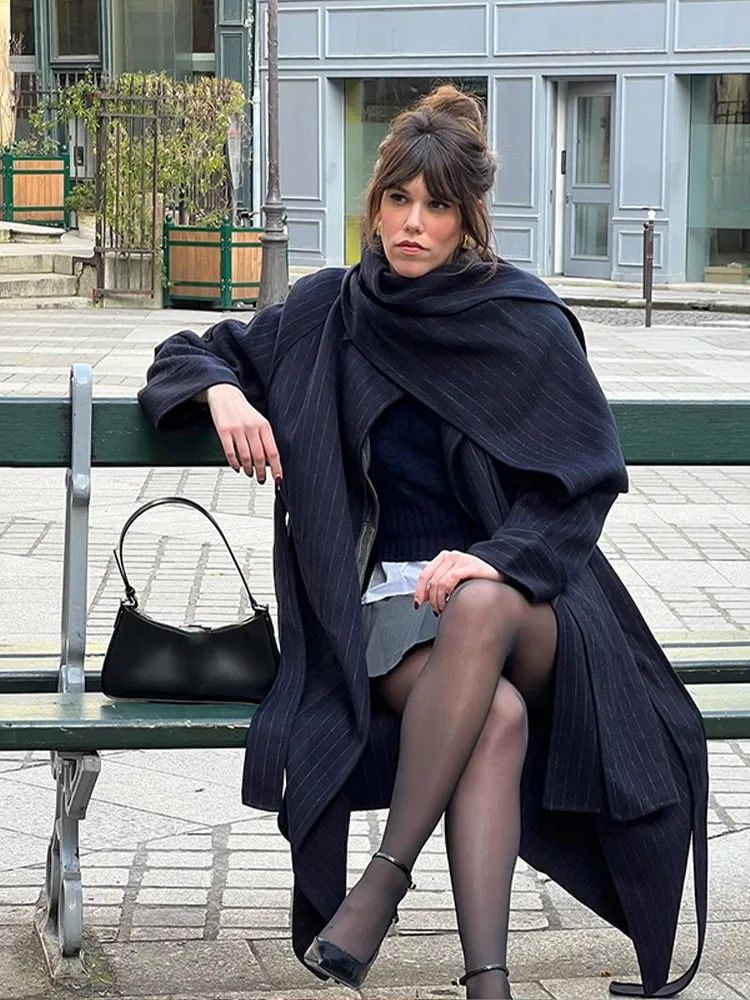 Элегантное полосатое женское длинное пальто повседневное свободное большого