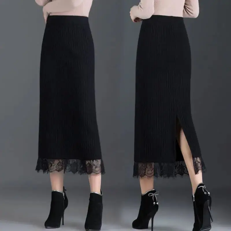 

Women Knitted Skirt Lace Thicken Split Plus Size High Waist Slim Pure Color All-match Bouncy Skirt Autumn Winter Clothing 2022